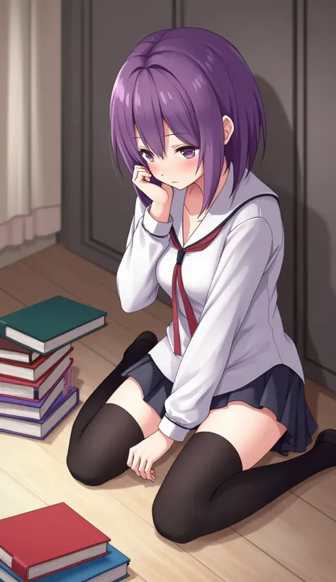 Shuten douji, a girl with short purple hair, she is wearing a short shirt with her belly exposed, wearing black thigh-length socks, she is sitting on the floor of her room with several books, her expression is a little tired High Resolution, Masterpiece, A...