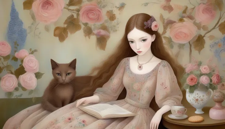  Naive Art , Marie Laurencin style ,   thick brush stroke texture .woman,   long brown hair ,  Sweet Biscuit-Colored Eyes ,   Long Dress with Intricate Floral Patterns  , Read a book.   pretty room with flowers in the background  , Long-necked Cat  ,   Nic...