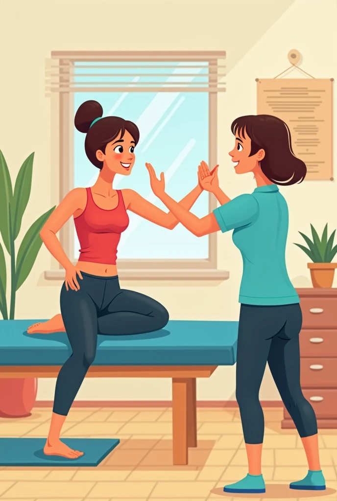 You can make a cartoon-style image of a woman doing physical therapy to regain arm mobility