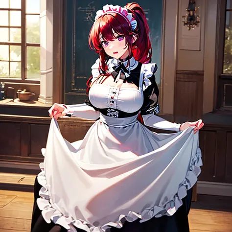   Masterpiece ,( best quality, Illustration, detailed face :1.3),( 1 girl,Alone:1.3), beautiful detailed eyes ,  apron,Maid, Purple Eyes,red hair, huge breasts, enMaided, white_apron, black_ dress,  ponytail, black_shoes, Frilled_apron,  dress, Maid_apron,...