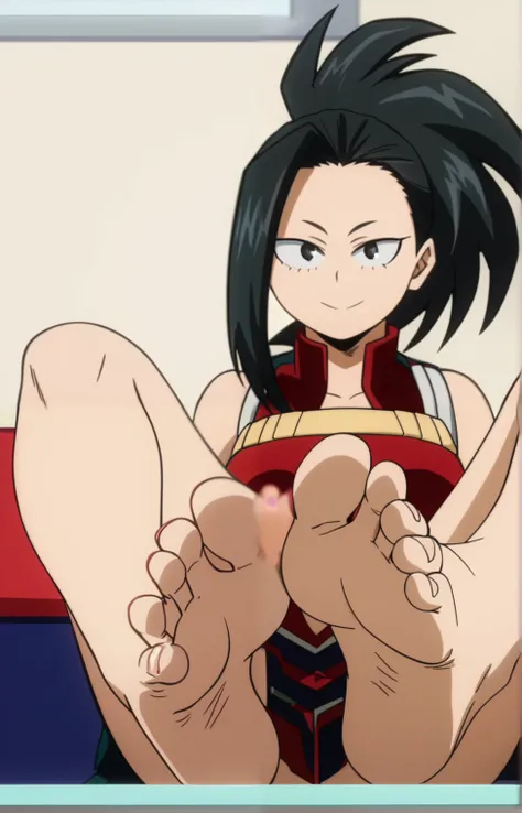 Score_9, score_8_up, source_anime, 1girl, Momo Yaoyorozu, Boku no Hero Academia, My Hero Academia, big eyes, alone, looking at viewer, in her room, sitting, cowboy shot, ANIME SCREENCAP, anime coloring, barefoot, perfect feet, anatomically correct, soles, ...