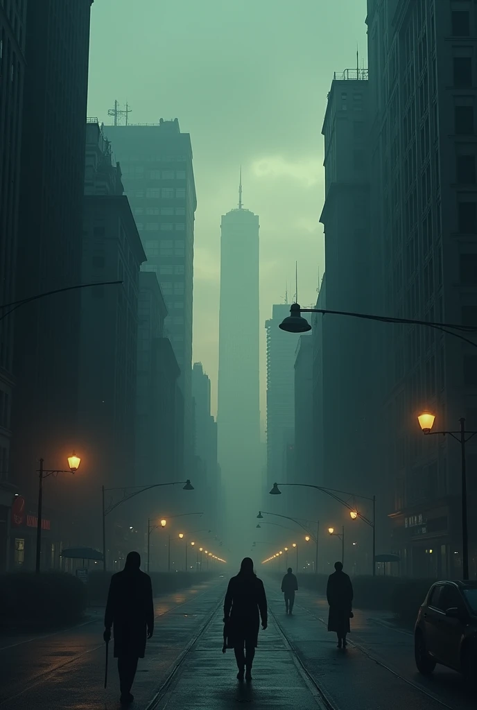 	 • General plan of a city at dusk . Streetlights flicker ,  and people walk without interacting with each other . The city seems quiet , But disturbing.
	 • It uses muted colors and slow motion to create an atmosphere of suspension