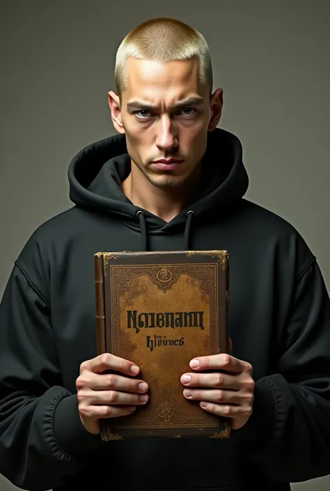  The famous singer Eminem with an old book that says " book desc0n0cid0 ,@,*× >× 9× ["