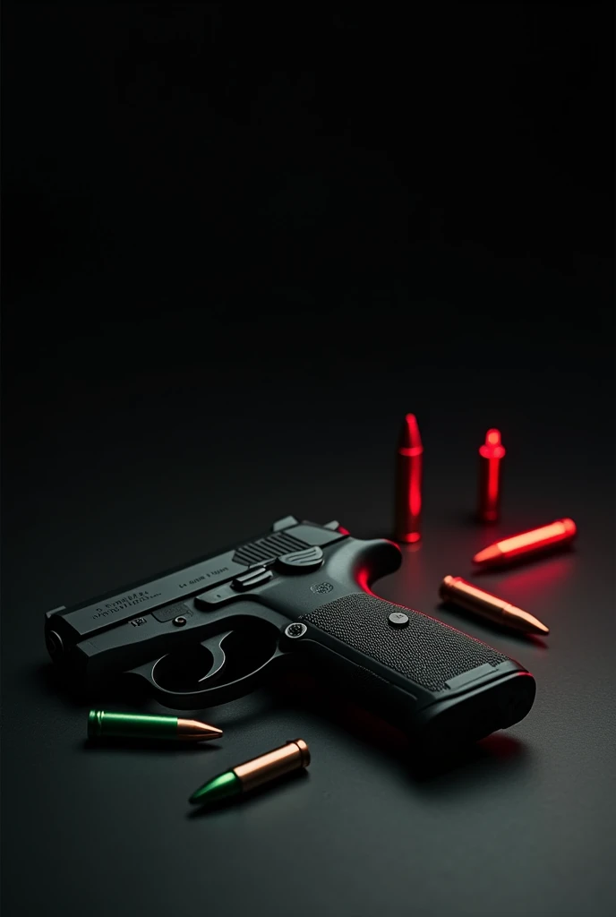  a black Russian roulette pistol
The empty drum that has nine spaces 
And on the table, 6 green ammunition and 3 red almost pink ammunition 

The black photo background
