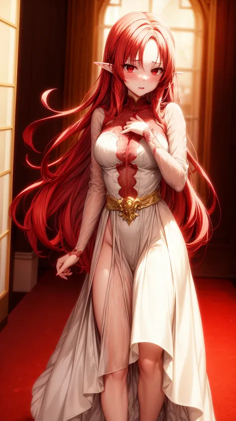  anime girl image,red eyes, red hair,Elf ears,eleven, white dress ,long skirt,Milf,adult woman, long hair ,wavy hair,beautiful,Seductive face, seductive face ,Dressed like an angel, with gold detail on the waist , with transparent lace sleeves,with gold ar...