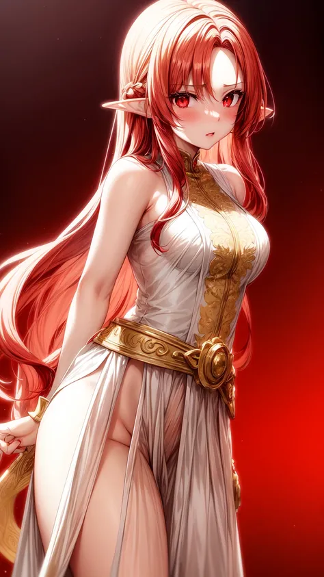  anime girl image,red eyes, red hair,Elf ears,eleven, white dress ,long skirt,Milf,adult woman, long hair ,wavy hair,beautiful,Seductive face, seductive face ,Dressed like an angel, with gold detail on the waist , with transparent lace sleeves,with gold ar...