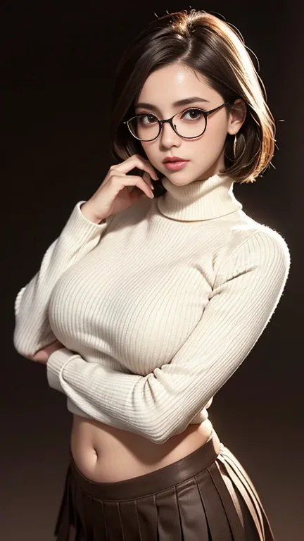 young woman, round eyeglasses, beautiful belly breasts, large breasts, straight short brown hair, Fair-white skin in brown  long sleeve sweater turtleneck, ultra-short pleated mini black skirt ,stunning pose, brown gradient color in studio background