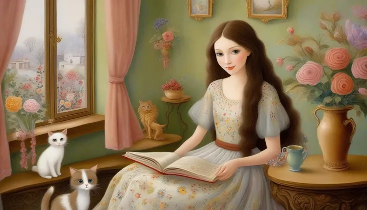  Naive Art , Marie Laurencin style ,   Thick Brush Stroke Texture .Smiling woman,   long brown hair ,  Sweet Biscuit-Colored Eyes ,   Long Dress with Intricate Floral Patterns  , Read a book.   A cute room decorated with flowers in the background , Long-ne...