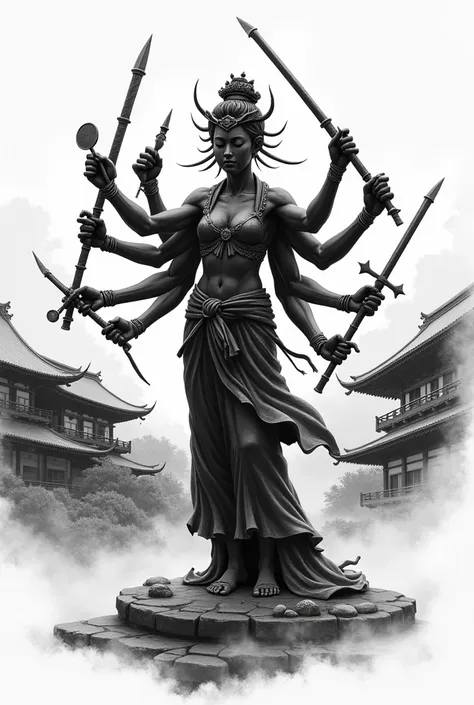  bronze statue in Japanese ink painting 。
She has many arms and 、Im putting my hands together 。
I have 々 like weapons and tools in my hands。
 in the form of a woman wearing cloth
There is a beautiful ornament on the head



Please draw。
Use only white and ...