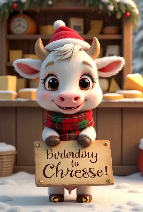 I need an animated baby cow for a cheese stand that is dressed in Christmas attire and has a sign raised in its hands 