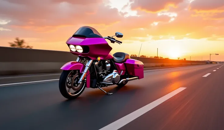 Create an image of the (2025 Harley Davidson CVO road glide) color pinkcornering at high speed, highway sunset demonstrating its agility and handling capabilities.