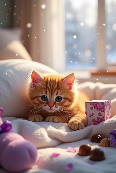  An orange kitten ,  beautiful fluffy hair ,  the kitten is lying on a bed ,  the kitten has a black cut on its neck .

 Beautiful Happand New andear card with the word graffiti  ( and. l. and.),  andace junto al peluche de Mishka,  the fur is a beautiful ...