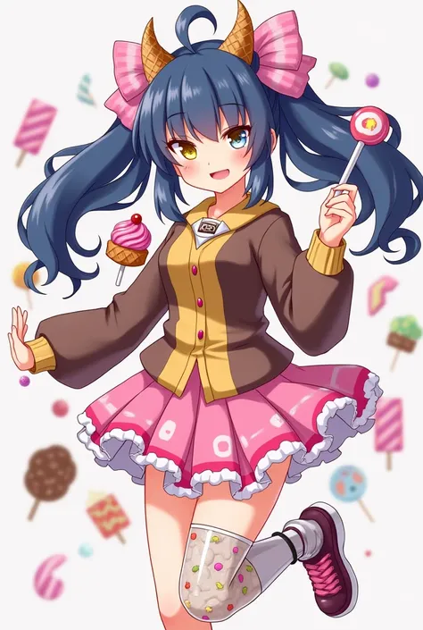 Anime girl with indigo thick mid length spikey high pigtails with candy stuck in it, clear dark pink candy wrapper bows, tan ice cream waffle cone horns, gold eyes with multicolor dots and white left middle, pink cupcake wrapper pleated skirt with whip cre...