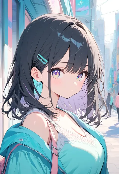 Anime,  very detailed,  Masterpiece,  1 girl, Alone, black hair, Bust,  pastel colors ,  bright contrast, city pop