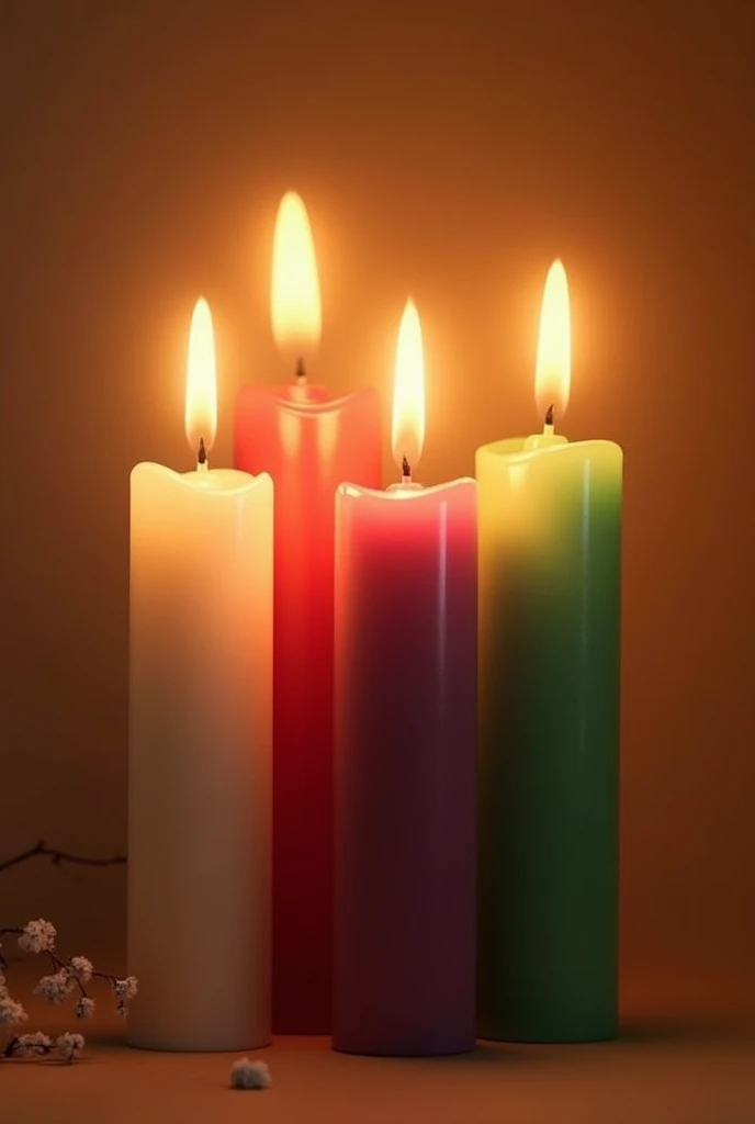 4 candles burning together ,  the 4 candles have the colors : White, red, purple and green,  its the same size and height , theyre together, and its the same height ,  and the image is colored yellow, The 4 candles are 15 centimeters high .