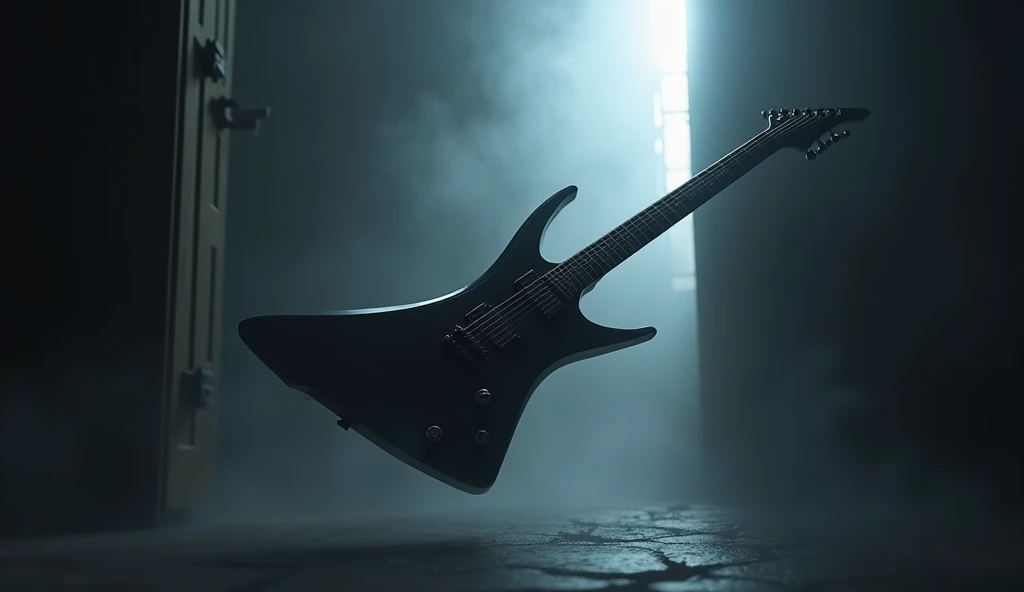 A stylized guitar emerging from the dark with a hazy background