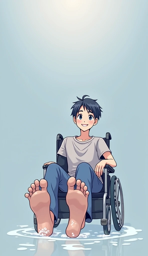 Young man in wheelchair smiling showing sweaty anime feet