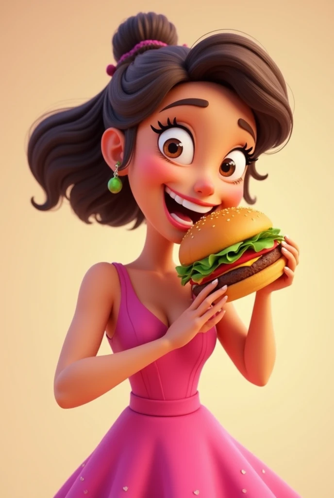 Animation of happy woman eating a hamburger wearing a pink dress