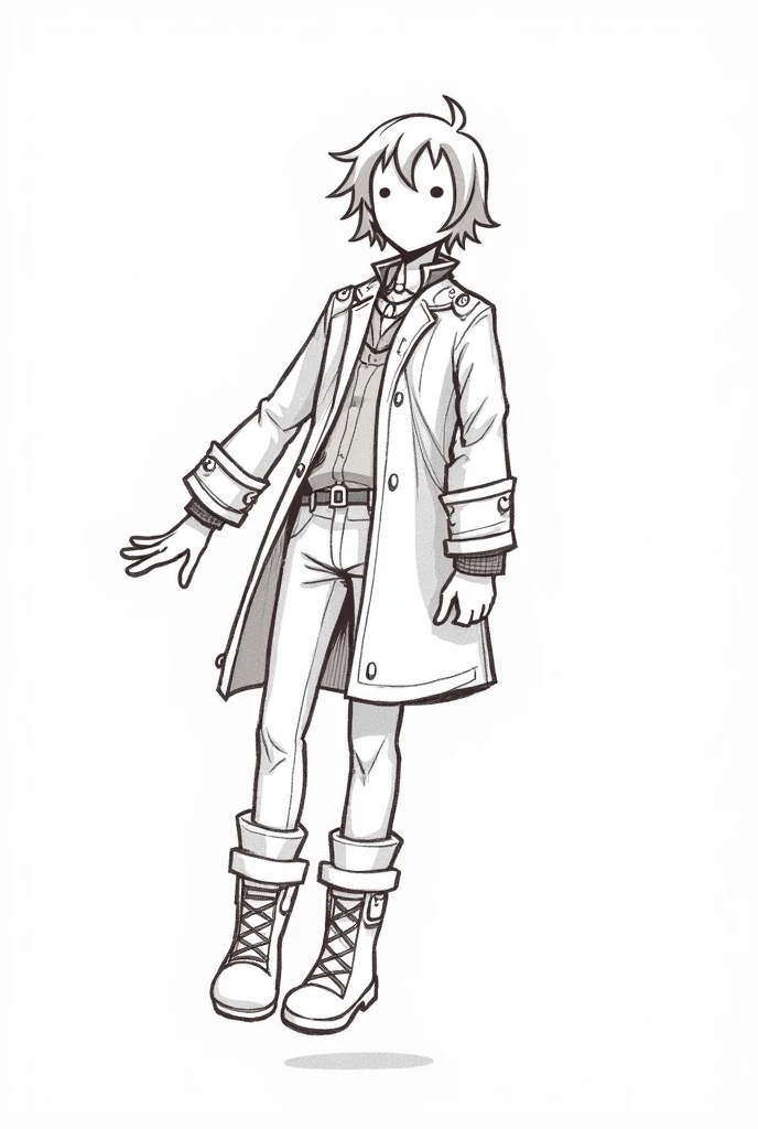 A reference photo sketch of a man wearing a steampunk trenchcoat and boots. Floating. No color. Make his face blank as well, but give him short to medium hair that parts to the left. More cartoony sketch, like in the Arcane show style. Body angled to the l...