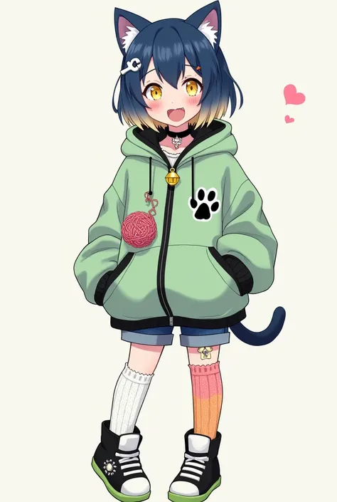 Anime girl with indigo short hair with light blonde underneath, indigo cat ears with light blonde tips, yellow eyes with slit pupils and left white paw print shaped middle, indigo fade to light blonde tail, fangs, white fish bones hair clip, black large co...