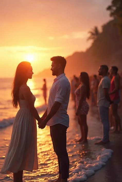 Men and women line up to meet at seaside sunset