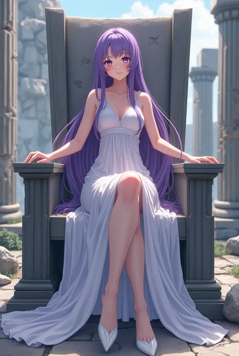 Anime woman smiling lilac eyes long straight purple hair plentiful sleeveless white dress long bohemian type white shoes in the ruins of Greece sitting on a gray throne rustic full body anime style 