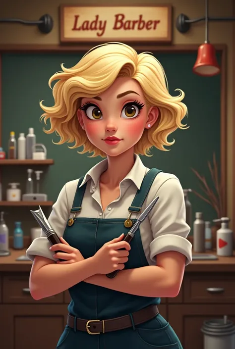 Beautiful sturdy girl with short wavy hair and dark blonde with pronounced waves in a barbershop with barber tools in her hand,  eyebrows where there is a sign that says : lady barber Camishy , disney drawing