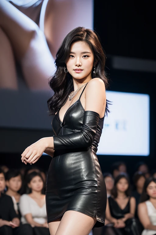 ( Masterpiece, masterpieces , measurements),  amazing photos of korean models,  Full Body , 8k, Raw images,  looking at the audience , (  high-detail leather :1.2), , slender, , Black hair, ( Realistic Portrait :1.4), Long white dress,  alone ,  jewelry, e...