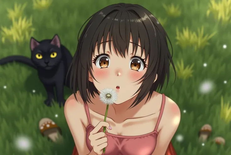 

A candid high-angle shot capturing a natural moment of a sexy Japanese girl with short hair caught in the act of blowing a dandelion. Her eyes are wide with genuine surprise and delight as the seeds unexpectedly scatter in the air. Shes wearing an old ro...