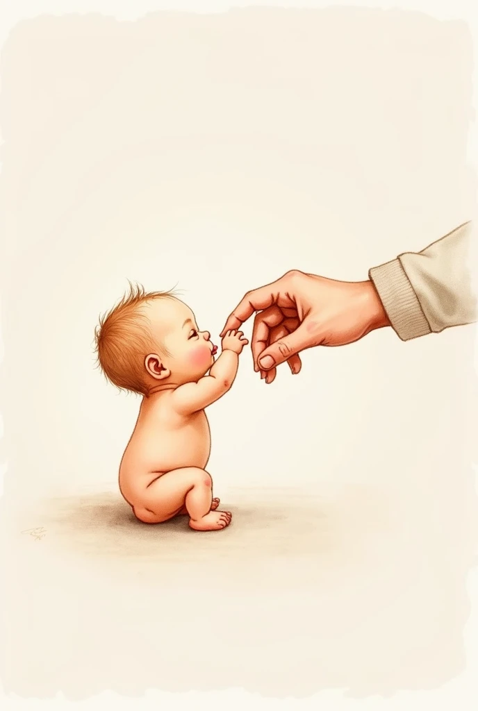 drawing of a baby holding the finger of an adult but two months old and the body 