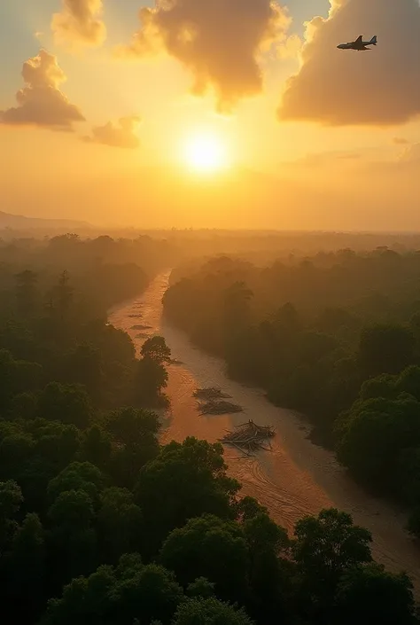  In a panoramic view of the Amazon ,  the sun shines brightly on the vast expanse of jungle .  A deforested area with fallen trees and arid land . in the sky,  a military plane flies towards the horizon ,  while the heat of the environment is palpable .  
...