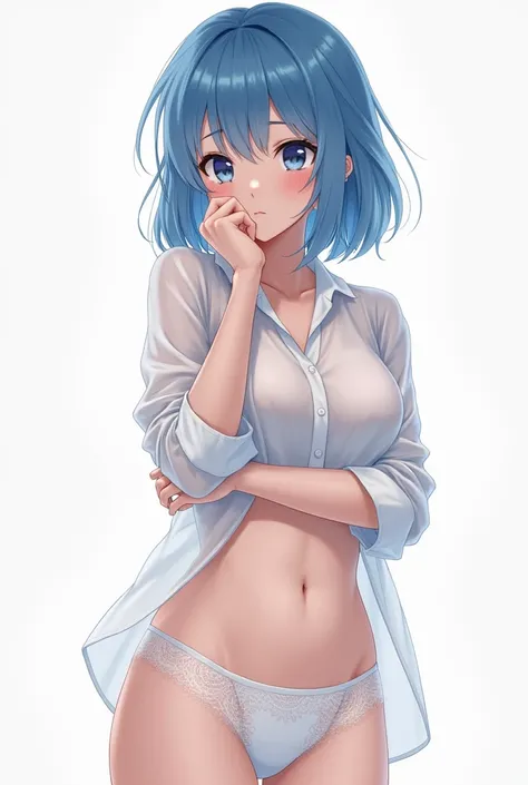 1 teenager standing and wearing only a white shirt, Transparent shirt, ((medium bust)). ((white lace panties)) Full body looking at viewer, the best quality, the best quality, breasts, thinking, realism, Blue hair, head on