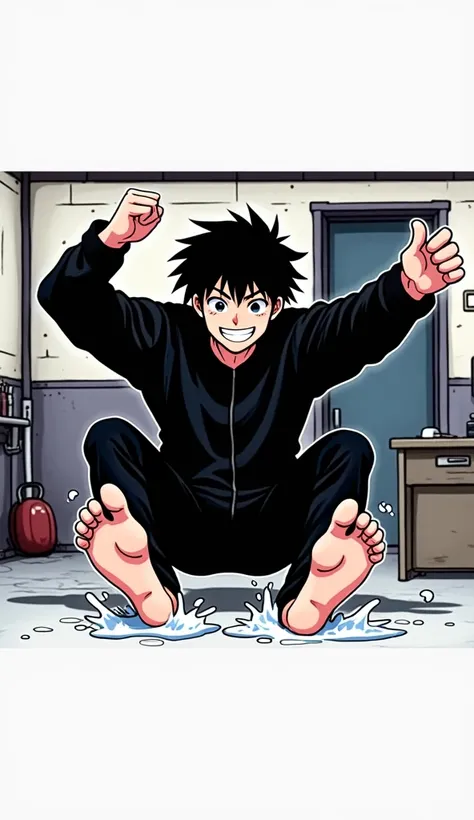 Young man smiling showing his sweaty feet anime