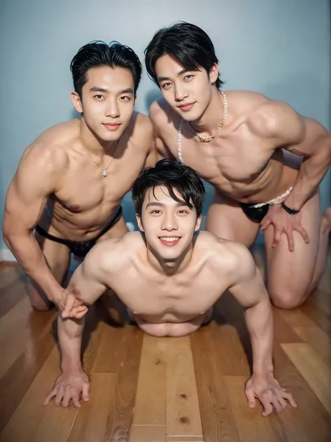 two korean men, Gay couple , smirking smile, unsmooth skin, muscular chest, pmicro string thong, bulge grande , fully body, (stiff nipples) , ((all fours )), whore
