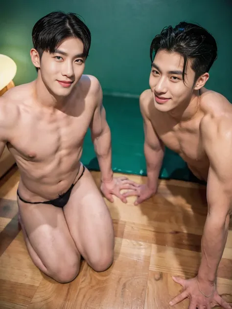 two korean men, Gay couple , smirking smile, unsmooth skin, muscular chest, pmicro string thong, bulge grande , fully body, (stiff nipples) , ((all fours )), whore
