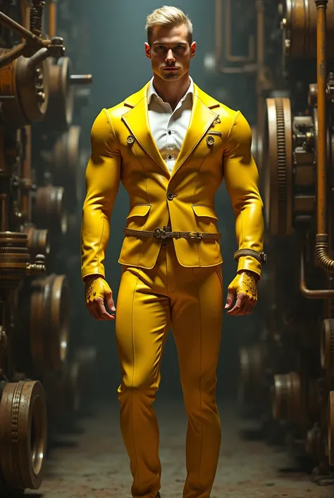 Full body photorealistic shots of handsome hunky slender  Flash. Wearing yellow steampunk themed suit. Steampunk futuristic as background 