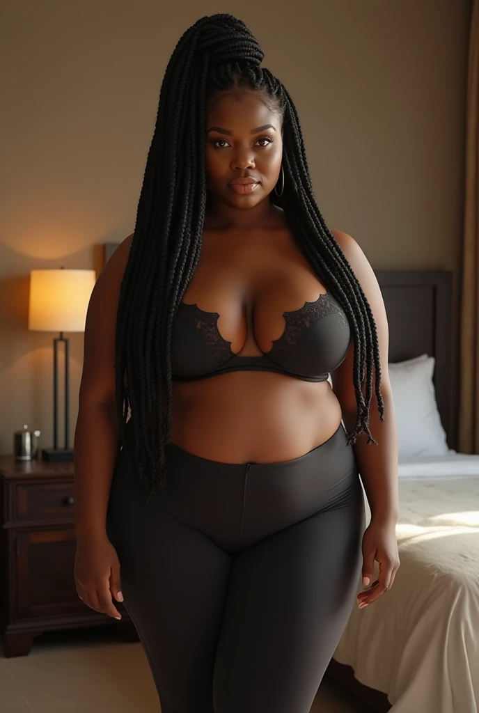 Very thick black woman with a large stomach, etheopian braids, wearing yoga pants and bra in a hotel room
