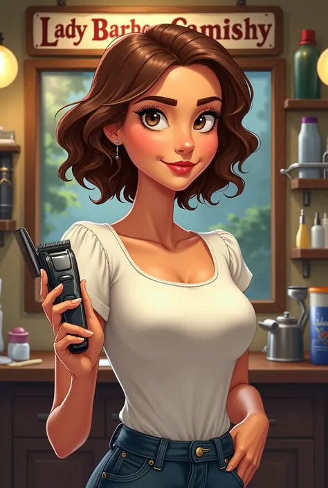 Beautiful sturdy girl with short wavy and light brown hair with pronounced waves ,  in a barbershop with barber tools in her hand specifically a hair clipper ,  eyebrows where there is a sign that says : lady barber Camishy , disney drawing