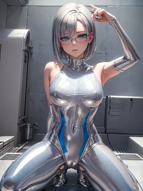 (( best quality)), ((masterpiece)), ( Details), (8k), (UHD), Close-up、 short hair、 blue eyes、 Silver Hair、Glasses、Spread your legs wide、Full body silver metallic enamel suitを着た美女、Full body silver metallic enamel suit