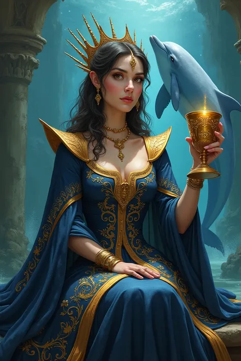 The Witch queen sitting in gold and blue dress and great Cup and a dolphin in the background