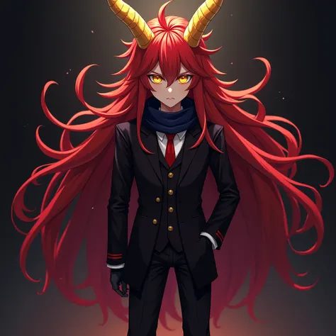 anime,chico,young, long intense red hair ,man, yellow eyes, concentric circles on his pupils,golden horns,red tie,dark blue scarf,black tuxedo with tunic ,black boots with red stripes,