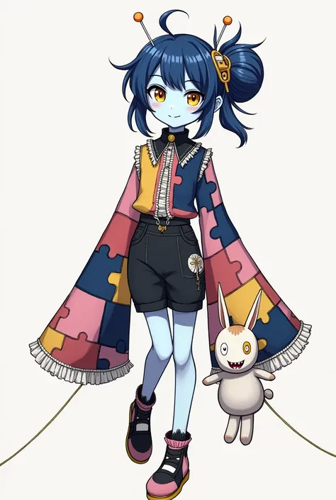 Anime girl with pale blue skin, indigo and white high thick right side bun with lopsided bangs, silver push pins with orange and yellow tips and gold key in bun, silver sewing needle left earring, yellow eyes with white button shaped left middle, indigo pa...