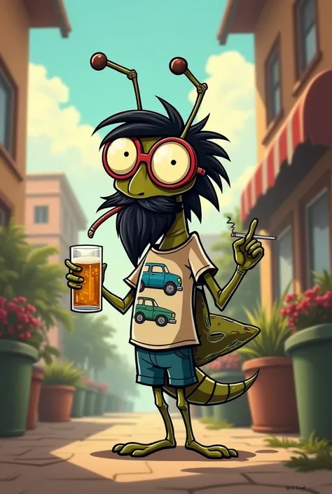  Funny skinny cricket cartoon ,  black hair, with mustache and long black beard ,  with a cigarette and a glass of beer in his hand,  occupying optical lenses and a t-shirt with cars .