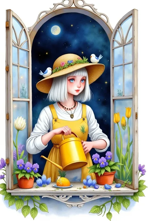  A young incredibly beautiful female gardener wearing a gardener hat with a nest on a hat with birds, a white shirt and a yellow gardeners apron peeks out an open white carved window with open shutters,     on the windowsill of a pot of potted violets ,   ...