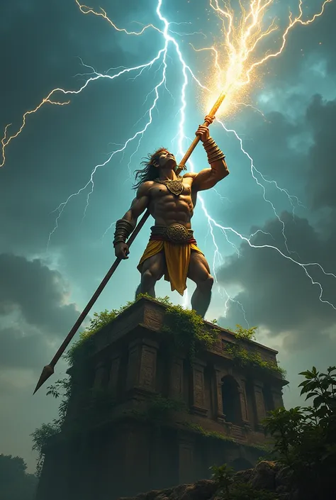 Hanuman, the monkey god, exhales power amidst lightning at the top of a tower, and sparks come out of his powerful spear. an ancient Indian city with walls rooted with vines and foliage.