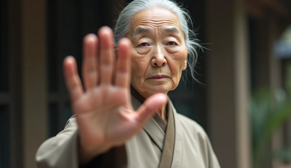 A serious-looking Japanese woman aged between 65 and 75 with white hair neatly styled, wearing simple Buddhist monk-inspired robes in earthy tones. She is looking directly at the camera with a calm yet firm expression. Her right arm is extended forward, pa...