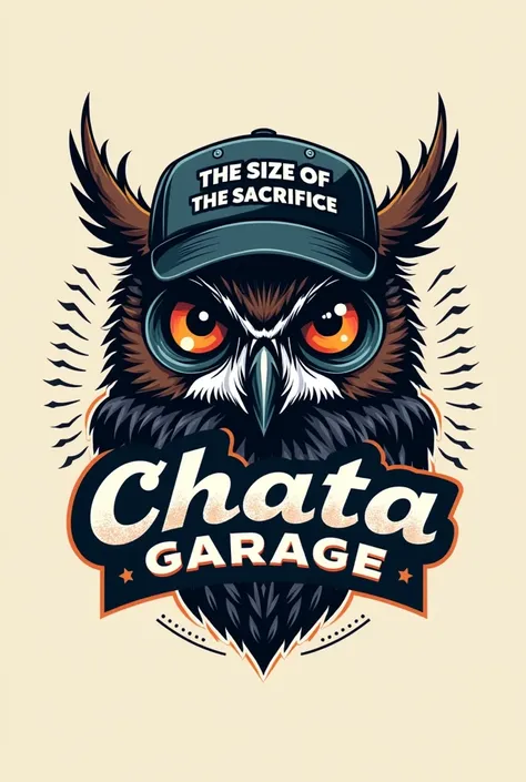  logo for a motorcycle repair shop with the name, Chata garage .  of an owl with dark lenses and a cap that says, The size of the sacrifice is the reward  