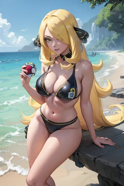 One girl,(pokemon), Cynthia,long yellow hair, swimsuit  