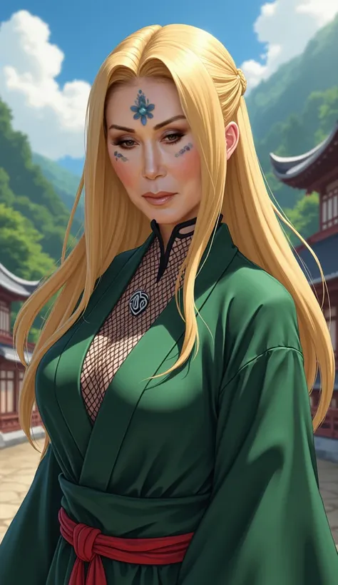 With the reference draw the girl as tsunade in realistic version