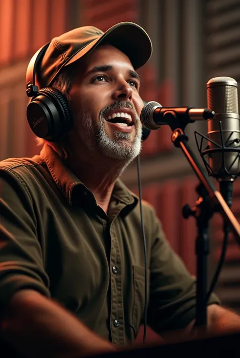 man frontal with a cap, singing at a audio studio with head phones